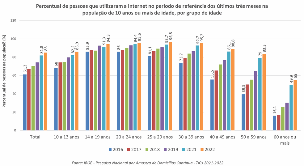 Percentual de pessoas que utilizavam a internet por grupo de idade — Foto: Reprodução
