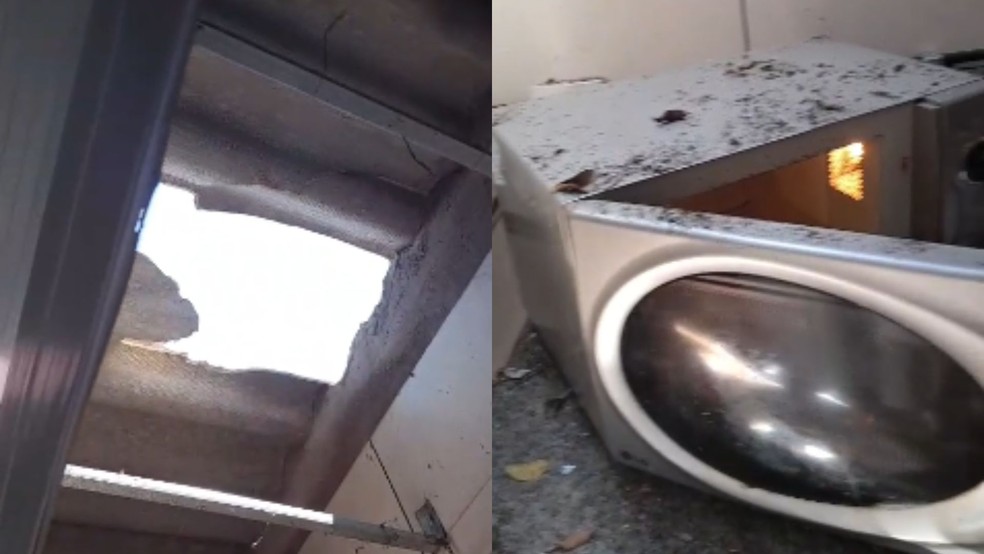 O buraco no telhado por onde o suspeito entrou e o micro-ondas usado &mdash; Foto: Redes sociais/reprodu&ccedil;&atilde;o