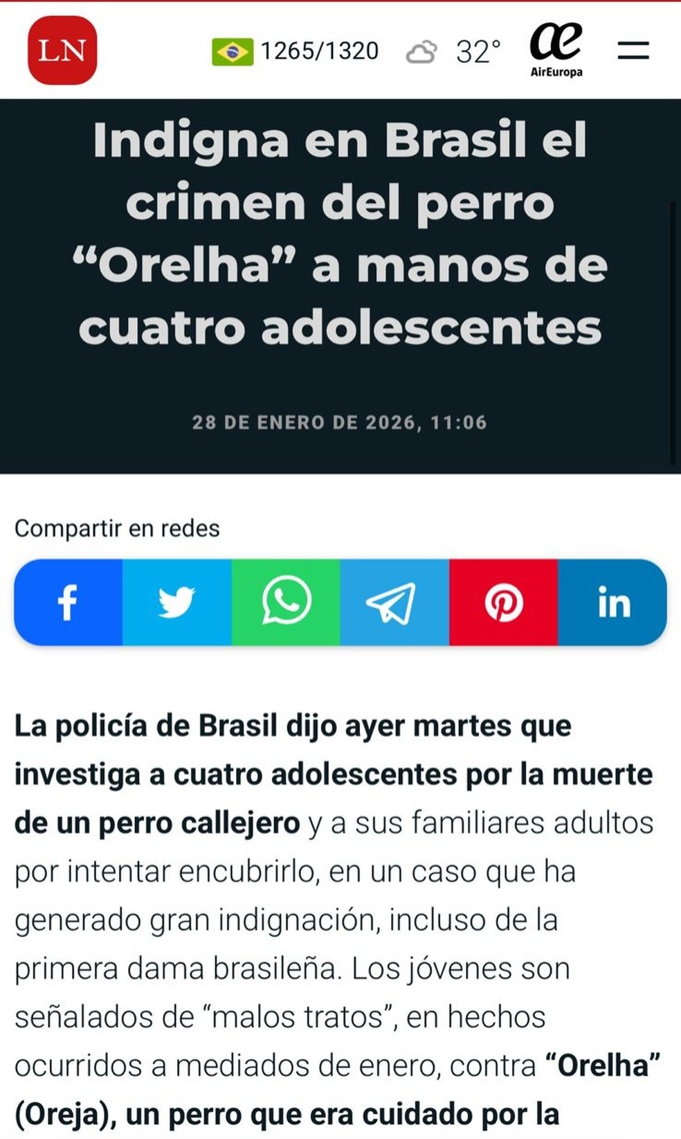 La Nación enfatiza indignação no Brasil e investigação por morte de cão comunitário — Foto: Reprodução