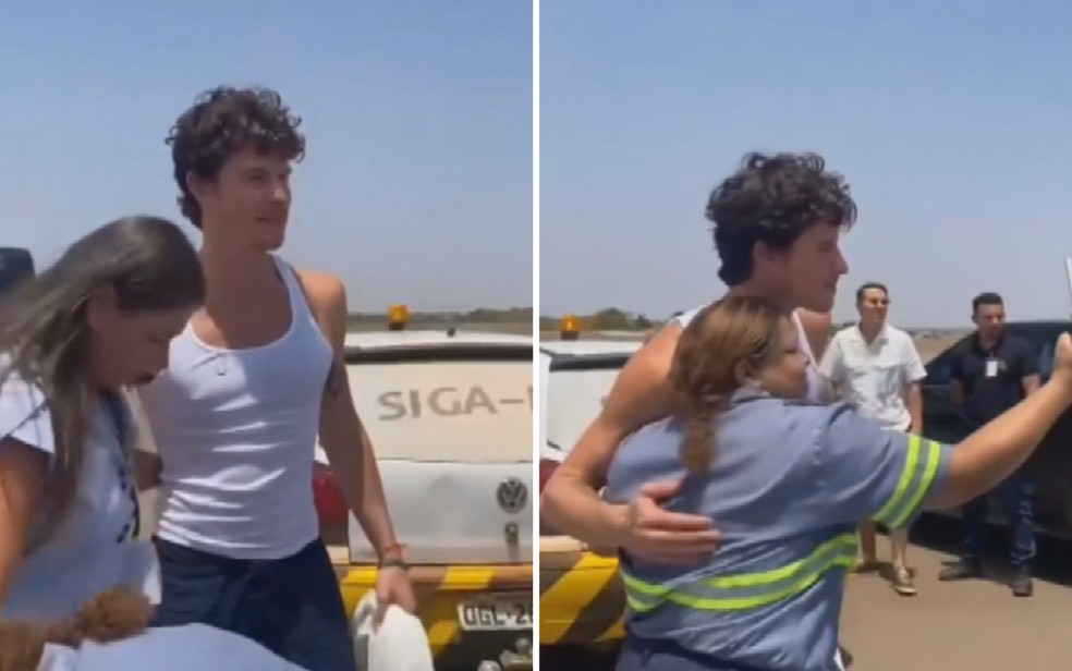 Shawn Mendes com fãs em Caldas Novas, Goiás — Foto: Reprodução/TV Anhanguera
