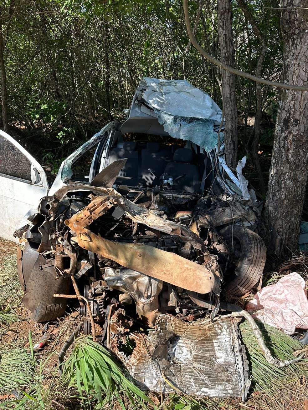 Motorista do carro ficou preso às ferragens e morreu no local após acidente na MG-188, entre Paracatu e Unaí  — Foto: PMRv/Divulgação