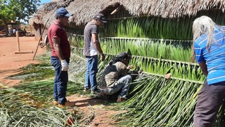 Indígenas trabalham para construção de alojamento para os convidados — Foto: Bemoktxc/Instituto Raoni