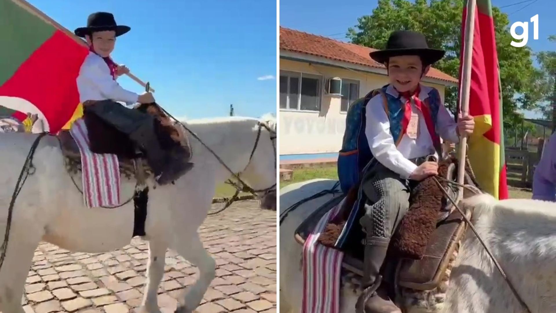 Menino de 5 anos vai à escola a cavalo para homenagear o Rio Grande do Sul