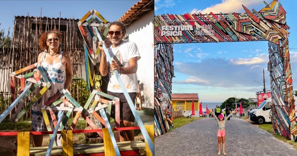 O palco e o pórtico de entrada foram criados por artistas marajoaras do coletivo Caroço a partir de madeiras de embarcações recolhidas nas praias do Marajó — Foto: Divulgação
