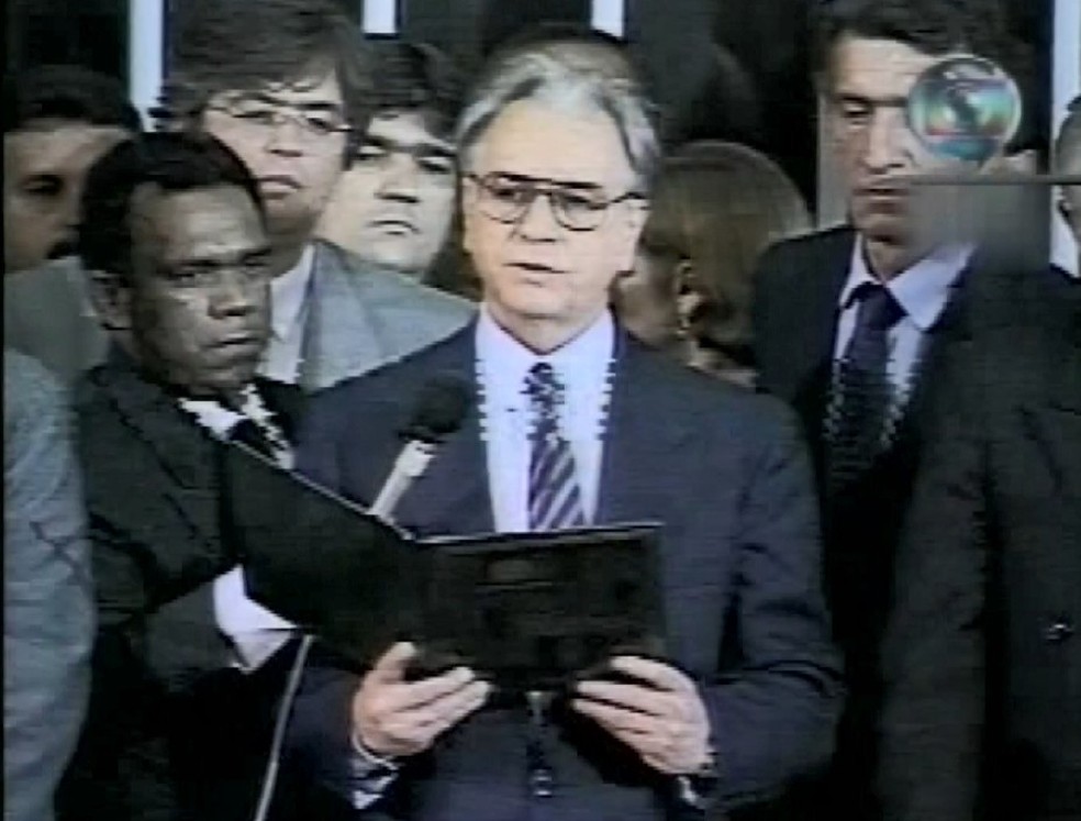 Discurso do então presidente Itamar Franco — Foto: Reprodução/TV Integração
