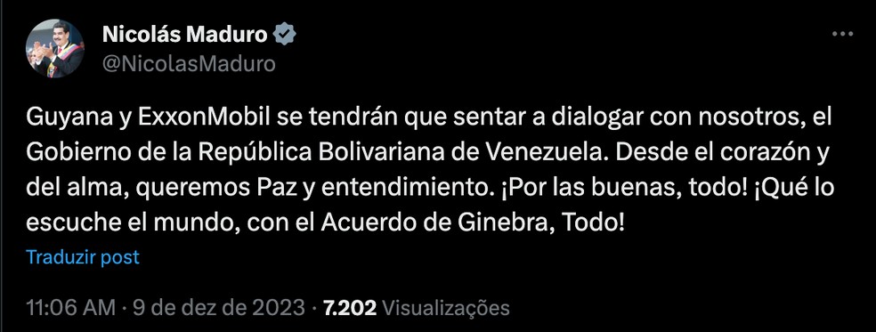 Publicação de Nicolás Maduro na manhã deste sábado (9) — Foto: Reprodução/X
