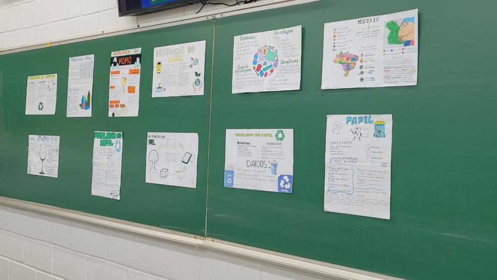 Estudantes de Marília desenvolveram cartazes educativos sobre os materiais e seu ciclo na natureza — Foto: Maycon Oliveira/TV TEM