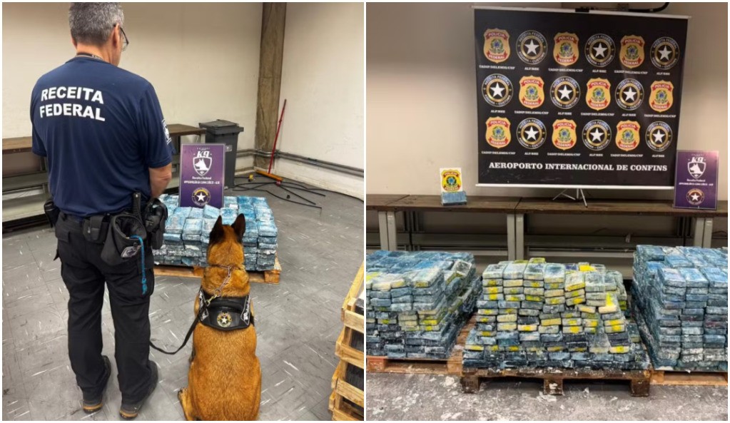Apreensão de 1,3 tonelada de cocaína no aeroporto de BH aconteceu após alerta de SP e com ajuda de cão farejador