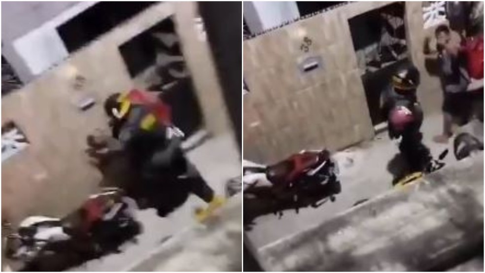 Policial agrediu entregador com soco e golpes de capacete na cabeça durante abordagem no Bairro Alto da Balança, em Fortaleza. — Foto: Reprodução