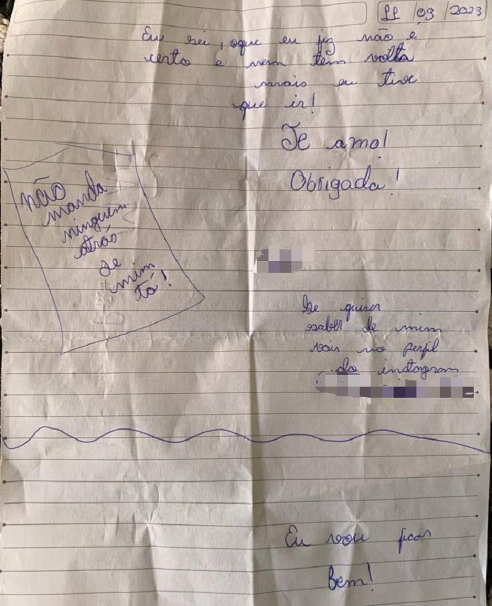 Menina de 12 anos deixa bilhete para a mãe em MG e foge para encontrar no RJ, namorado que conheceu pela internet — Foto: Arquivo pessoal