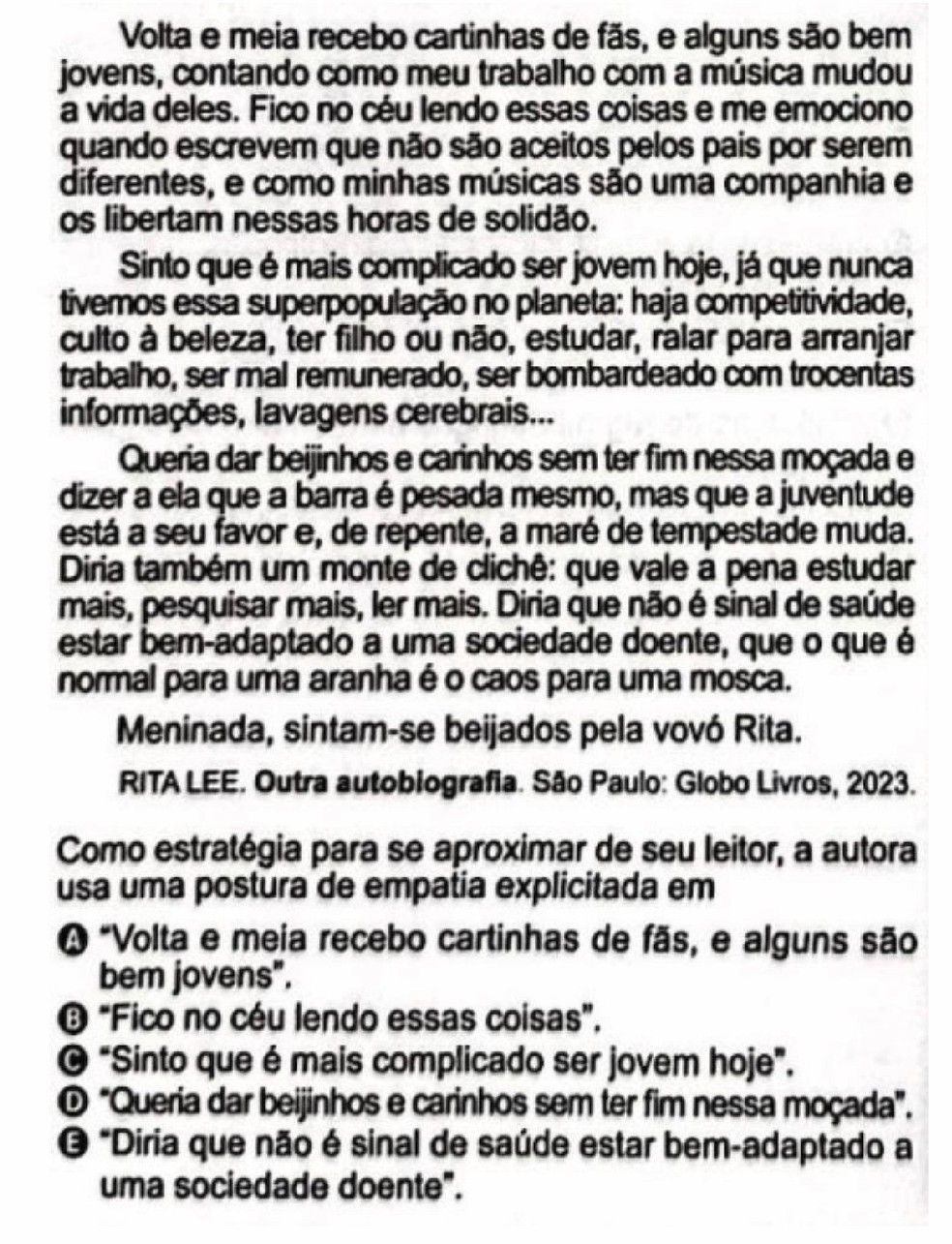 Enem 2024 - questão sobre Rita Lee — Foto: Reprodução.