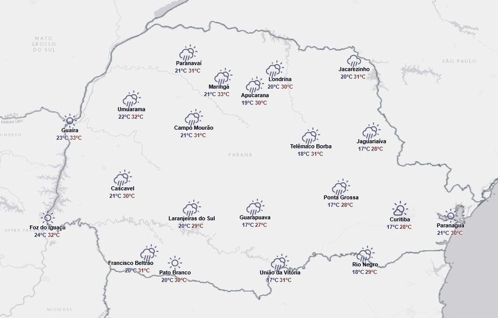Previsão para quarta-feira, 28 de janeiro — Foto: Reprodução/Simepar