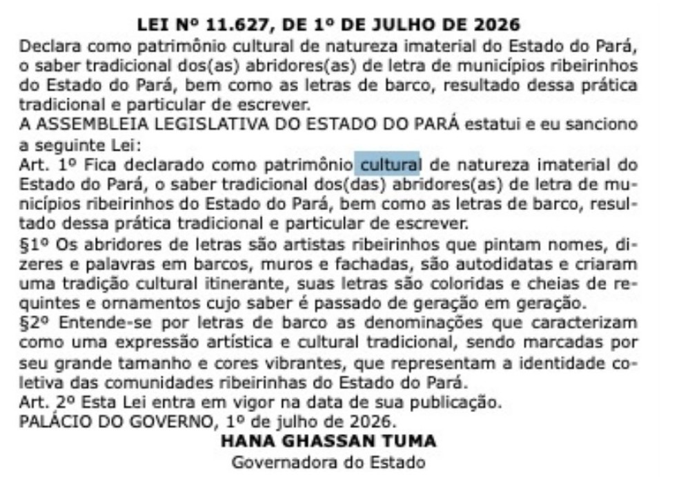 A lei foi publicada nesta quinta-feira (2) no Diário Oficial do Estado, em um marco histórico para a preservação de um dos mais singulares saberes tradicionais da Amazônia. — Foto: TV Liberal