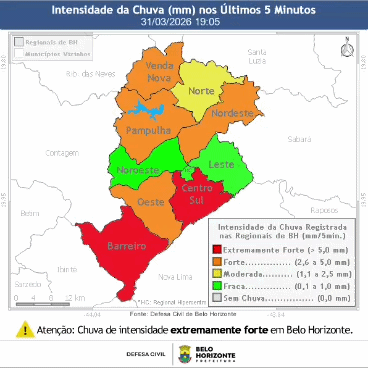 Defesa Civil de BH emite alerta por risco de enxurrada e alagamento devido a chuvas intensas