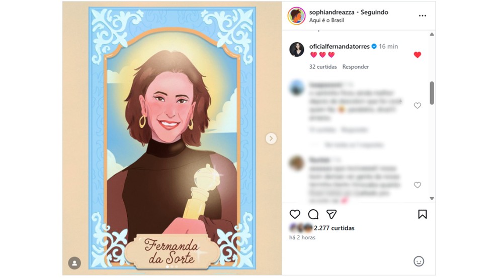 Fernanda Torres curtiu postagem da 'Fernanda da sorte' entregue a elenco de 'O Agente Secreto' feito por designer de Sorocaba (SP) — Foto: Reprodução/Sophia Andreazza/Instagram