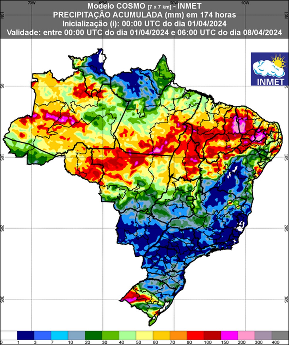 Mapa mostra acumulado de chuva previsto até o fim desta semana no país. — Foto: INMET