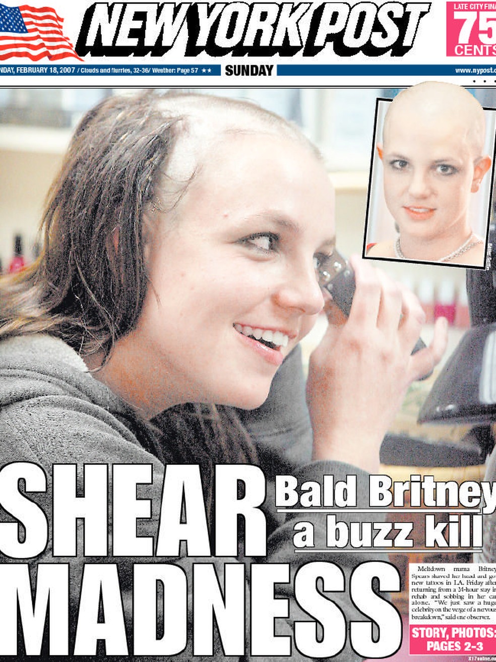 Imagem de Britney Spears raspando o cabelo na capa do 'New York Post' em 2007 — Foto: Divulgação