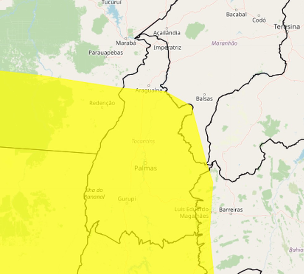 Alerta amarelo de chuvas intensas para o Tocantins — Foto: Reprodução/Inmet