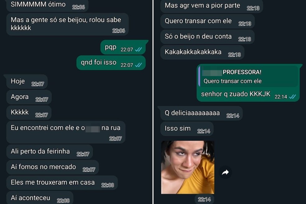 Print de conversa em que professora de Praia Grande admite a aluna ter beijado aluno de 14 anos — Foto: Reprodução