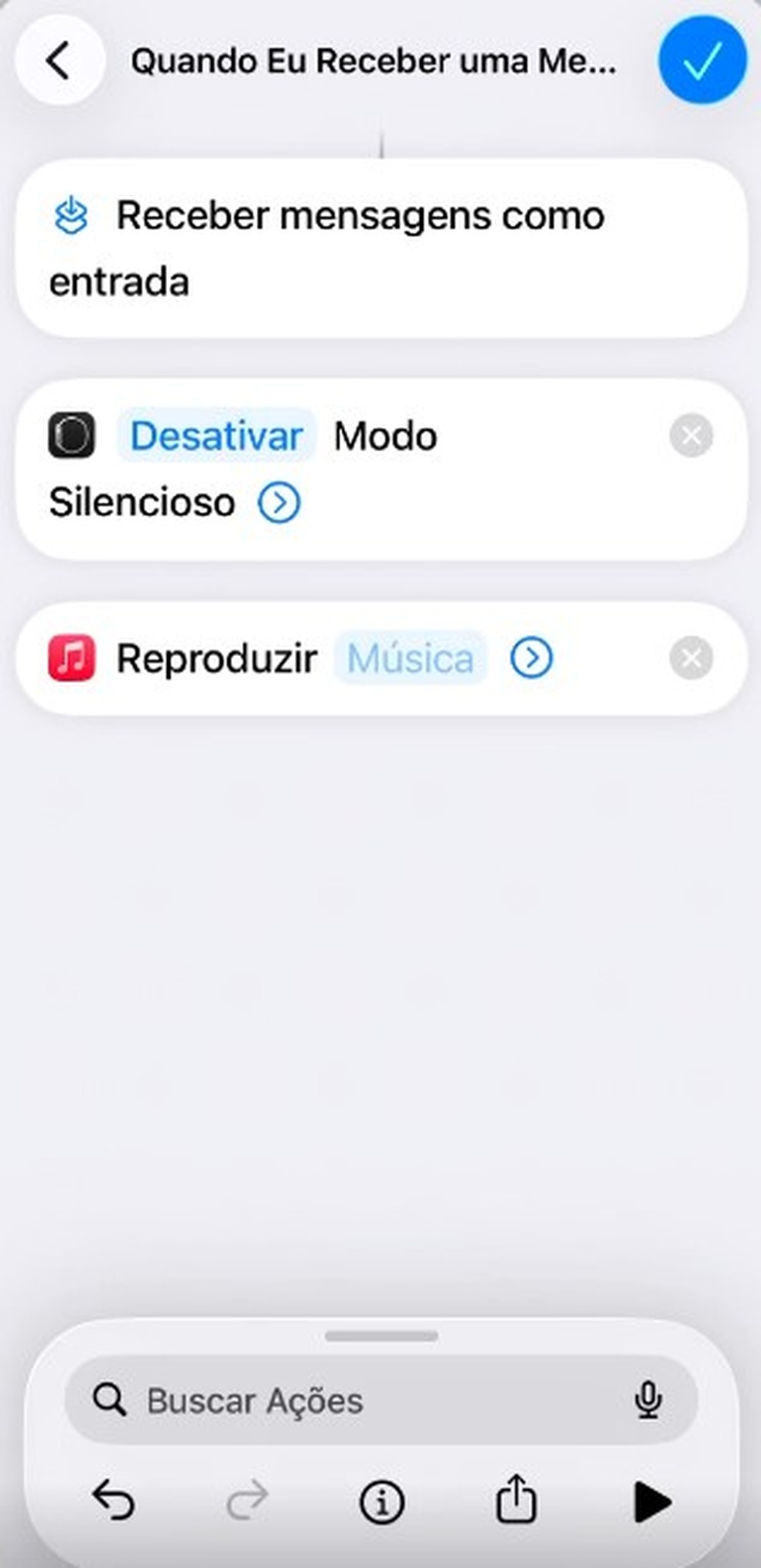 No iPhone, o usuário deve usar o aplicativo "Atalhos" para configurar a desativação do modo silencioso. — Foto: Jepherson Rodrigues