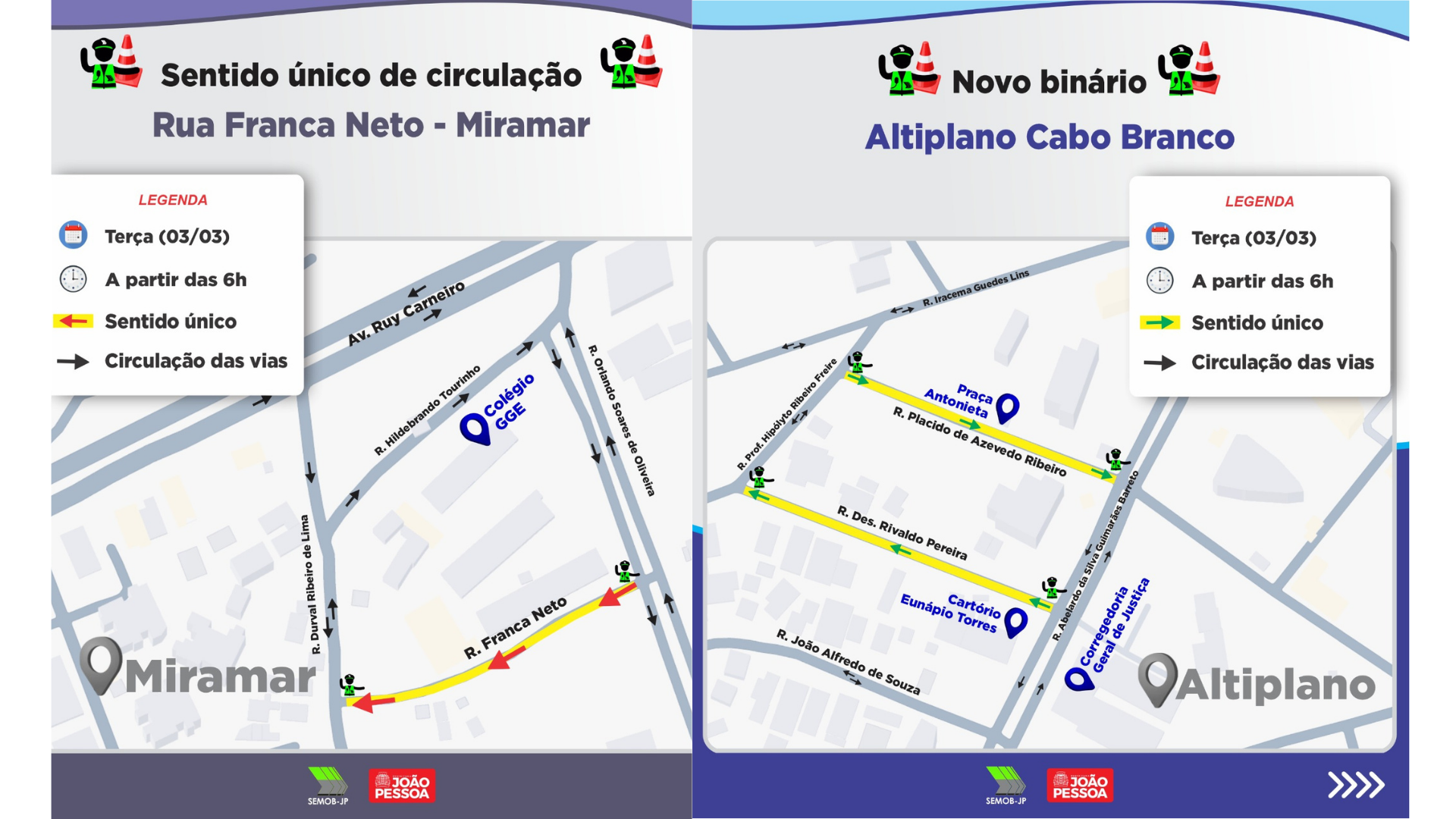 Ruas do Altiplano e Miramar, em João Pessoa, têm novo esquema de trânsito a partir desta terça (3); entenda