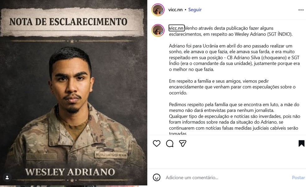 Parentes afirmam que Wesley foi à Ucrânia “para realizar um sonho” — Foto: Rede social
