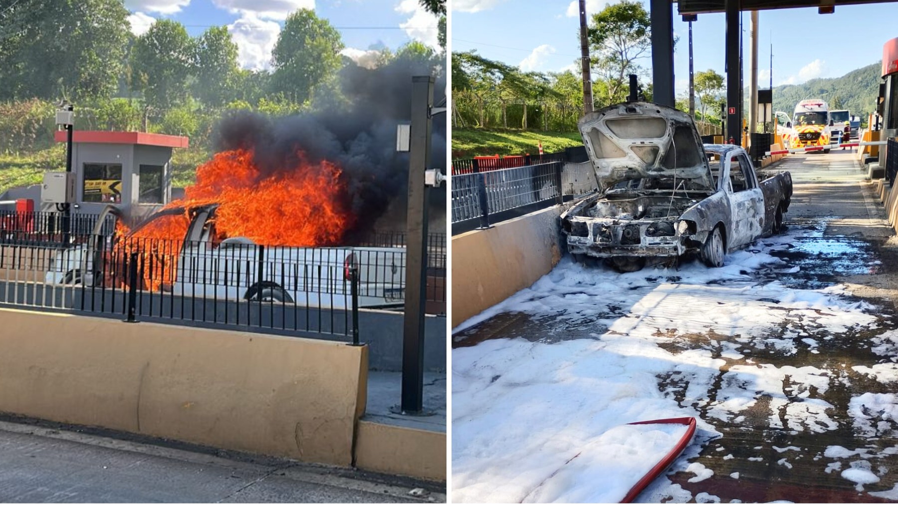 Picape pega fogo durante pagamento de pedágio, no PR; veículo foi totalmente destruído pelas chamas
