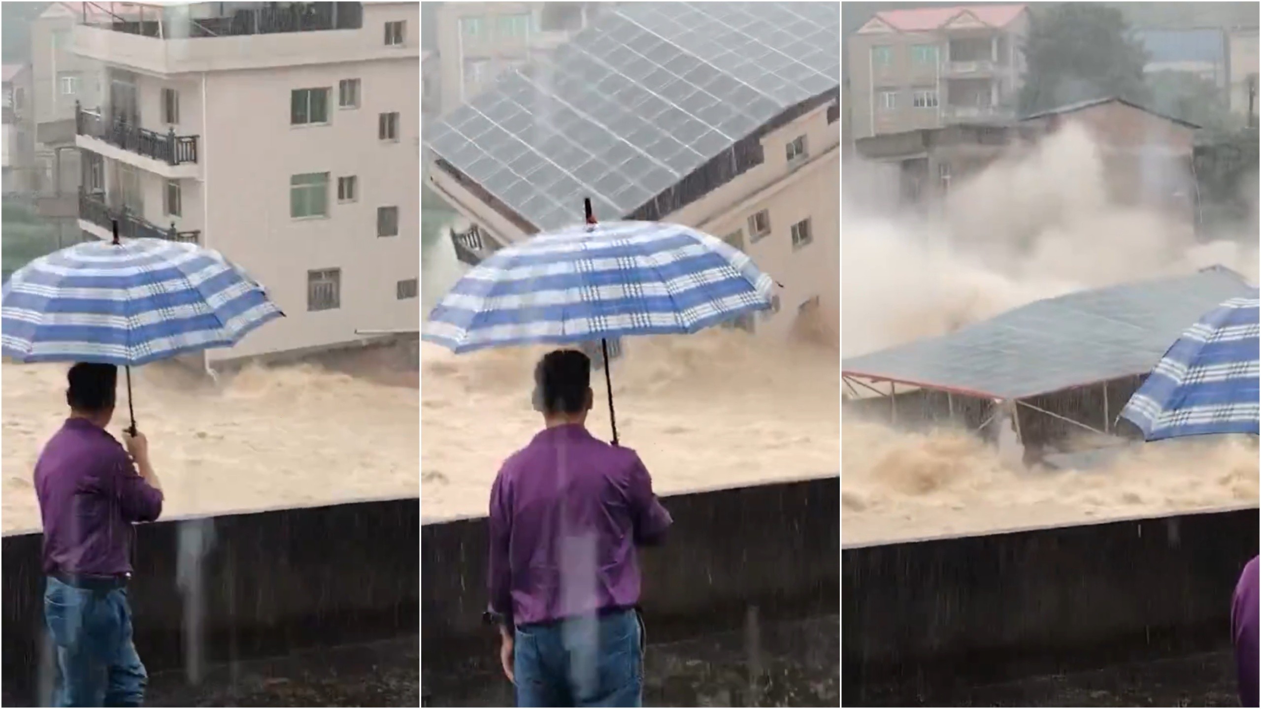 VÍDEO mostra casa desabando e sendo arrastada pela água durante Tufão na China