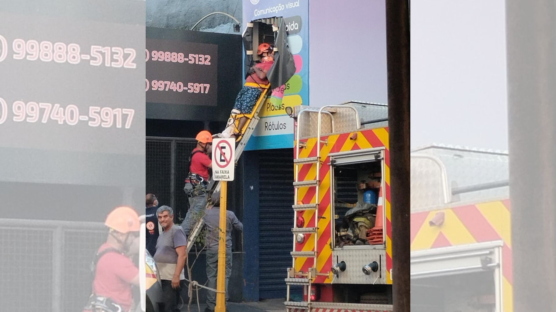 Homem que pintava fachada de loja fica preso após cair de andaime improvisado e mobiliza bombeiros em Bauru