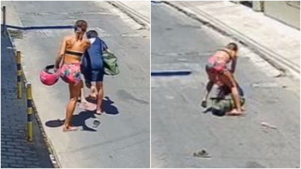 Mulher derruba idosa com rasteira para tentar roubar bolsa na cidade de Iguatu — Foto: Reprodução