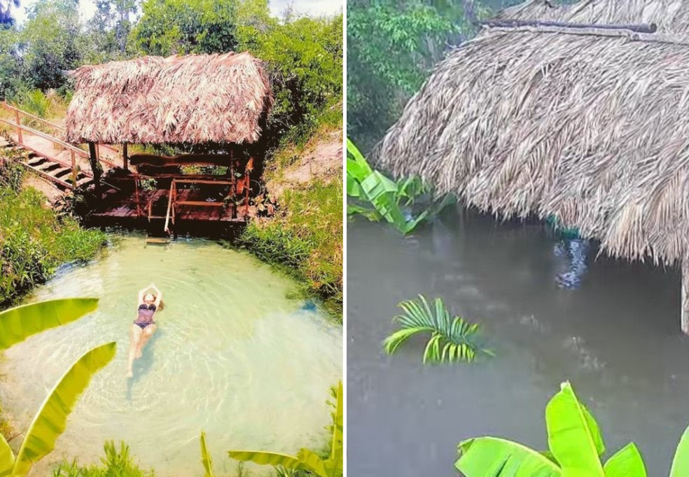 Montagem mostra antes e depois de fervedouro no Jalapão — Foto: Divulgação/Governo do Tocantins / Arquivo Pessoal/ Salatiel Batista