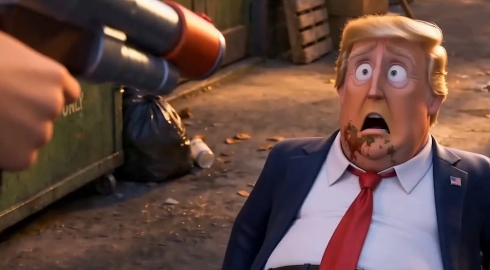 Propaganda de guerra do Irã mostra Trump sendo baleado — Foto: Fars/Reprodução