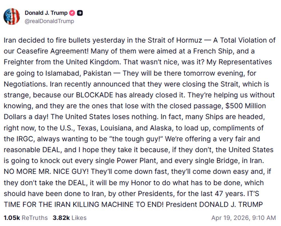 Publicação de Donald Trump na rede social Truth Social neste domingo (19) — Foto: Reprodução