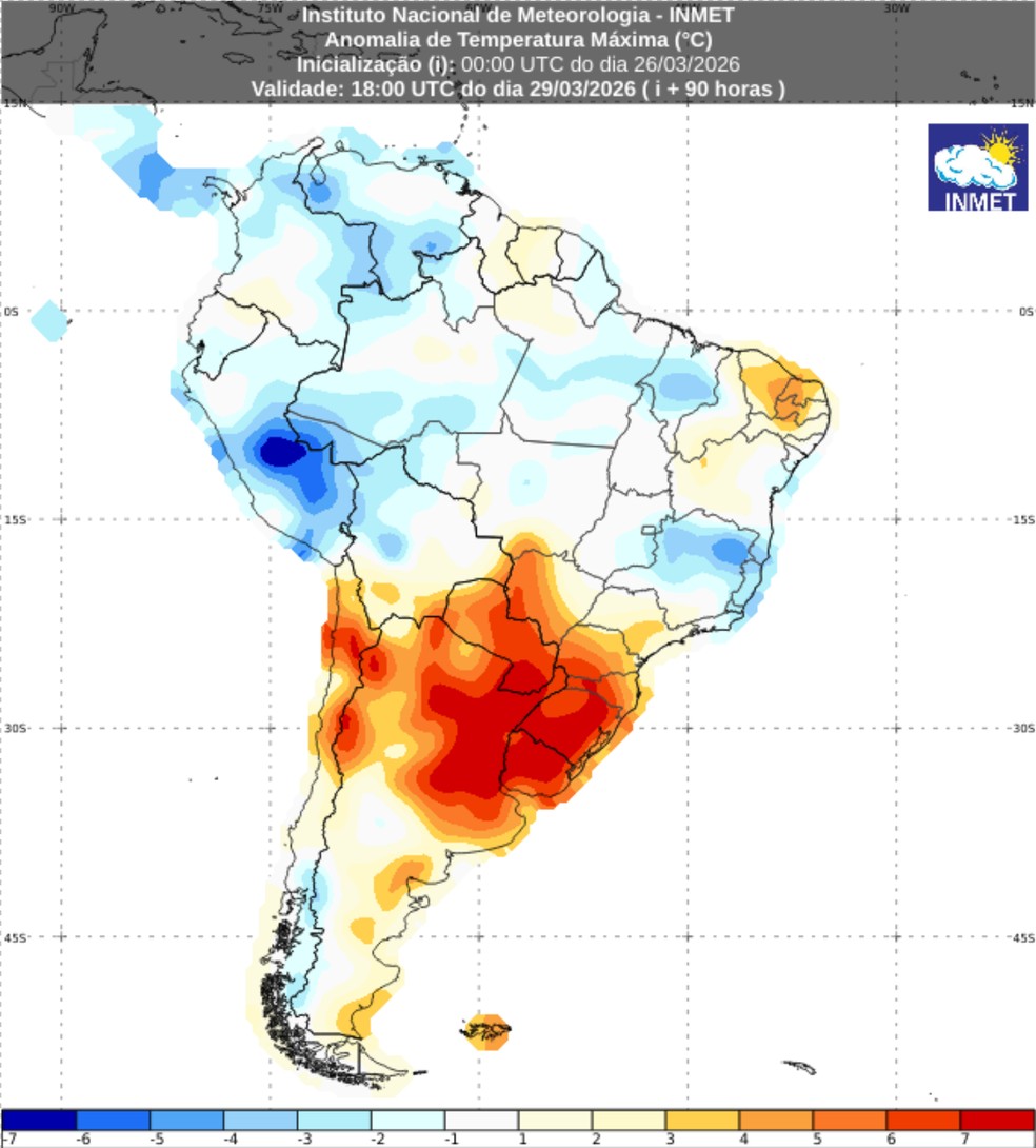 Previsão de desvio da temperatura máxima para o dia 29 de março de 2026. — Foto: Inmet/Reprodução