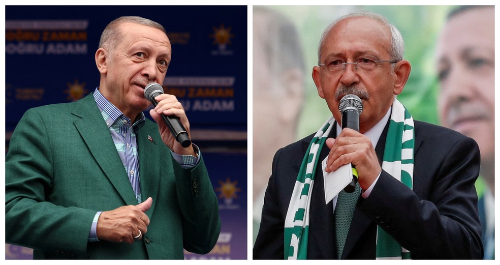 Montagem mostra Recep Tayyip Erdogan e Kemal Kilicdaroglu em atos de campanha na Turquia em maio de 2023 — Foto: Reuters