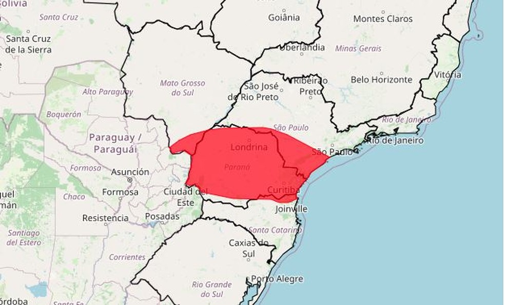 Aviso de grande perigo emitido pelo Inmet para municípios de MS até às 12h desta segunda-feira (9) — Foto: Reprodução/Inmet