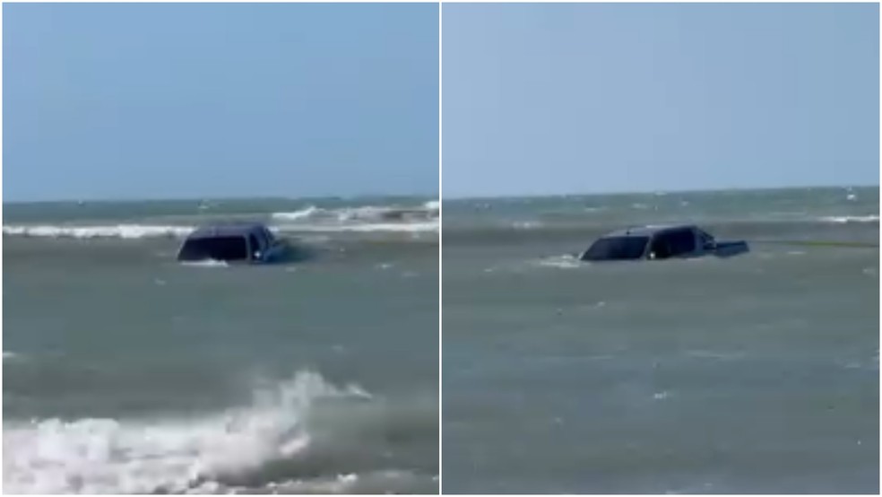 Carro atolou na faixa de areia e foi levado pelo mar após a maré encher. — Foto: Wanderson Lima/Reprodução