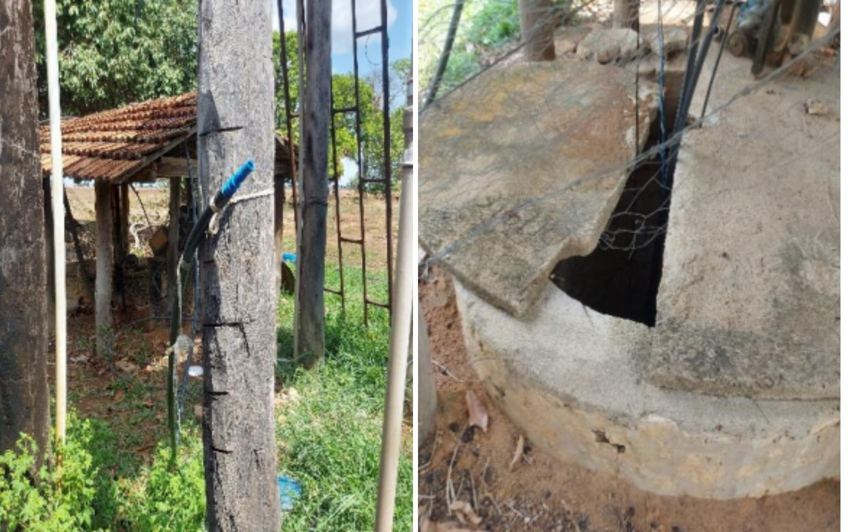 Mangueira utilizada para banho e poço de onde vinha a água disponível aos trabalhadores no alojamento, o qual era desprovido de manutenção, possuindo tampa quebrada