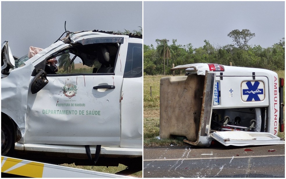 Parte de trás da ambulância se soltou com o impacto no acidente na Rodovia Salim Antônio Curiati (SP-245), em Avaré (SP) — Foto: Tales Machado/Arquivo pessoal