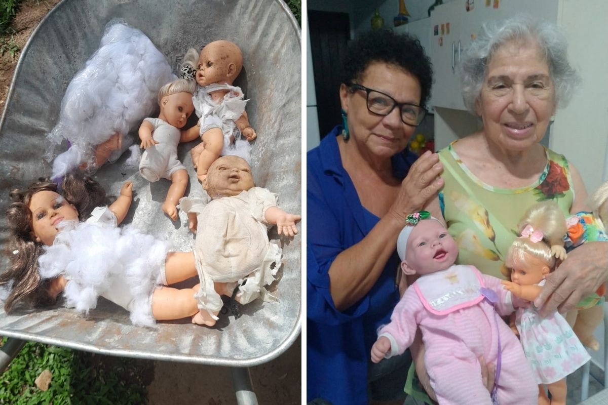 Aposentada restaura bonecas que iriam para o lixo e presenteia crianças e idosas no Litoral de SP: ‘De 0 a 102 anos’