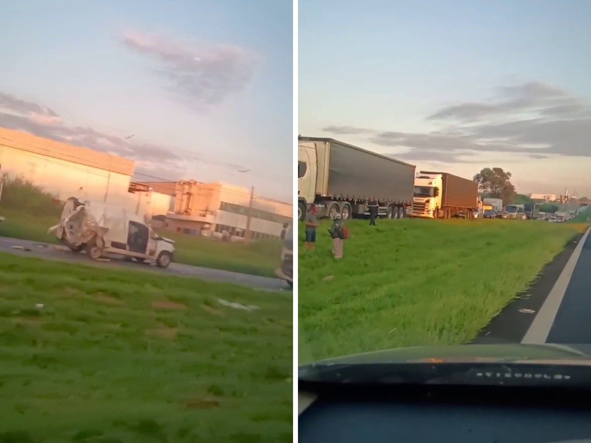 Acidente entre caminhões e utilitária fecha a pista em sentido capital da Rodovia Anhanguera, em Limeira