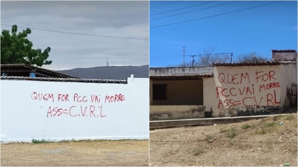 Muros de residências foram pichados com ameaças de facção criminosa em Quixeramobim, no Ceará — Foto: Reprodução