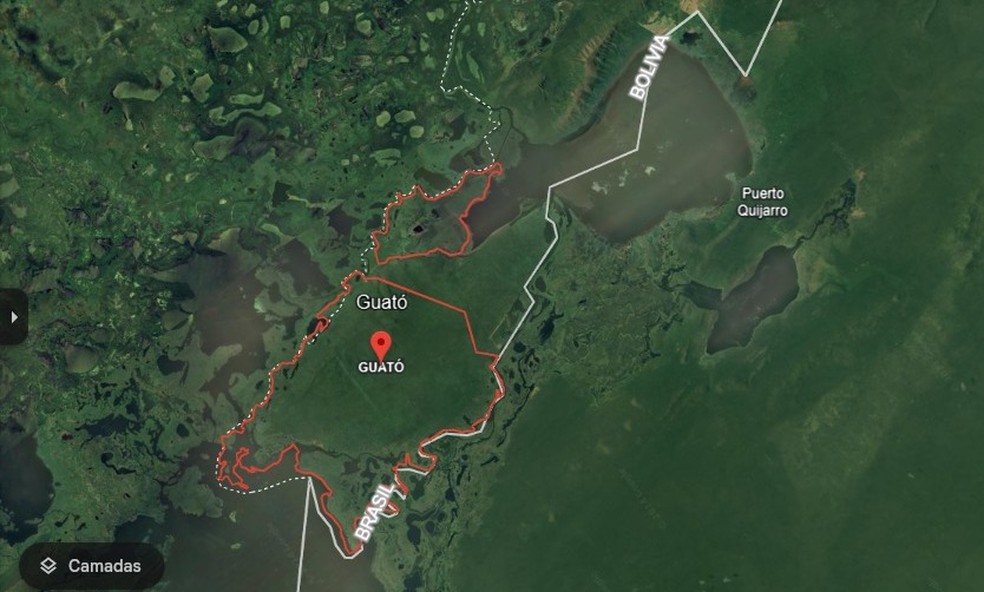 Fogo na Bolívia ameaça a Serra do Amolar e o povo Guató — Foto: Google Earth/ Reprodução