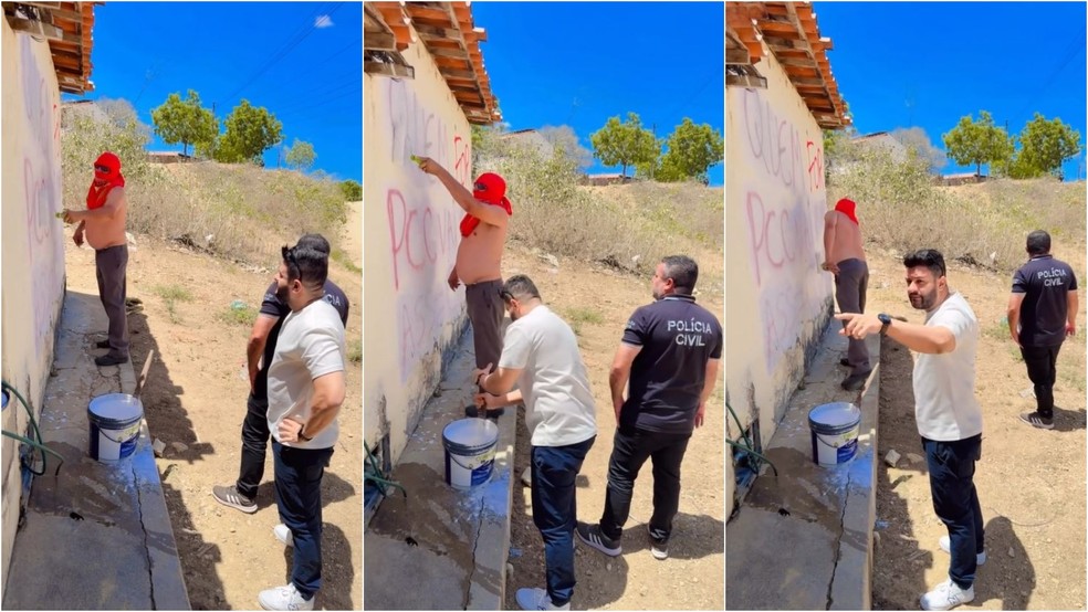 Policiais apagam pichações com ameaças de facção criminosa no interior do Ceará — Foto: Reprodução