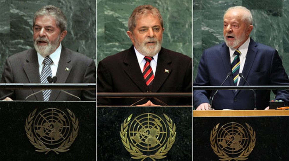 Lula nas assembleias da ONU em 2006, 2009 e 2023 — Foto: Julie Jacobson/AP; Richard Drew/AP; Mike Segar/Reuters