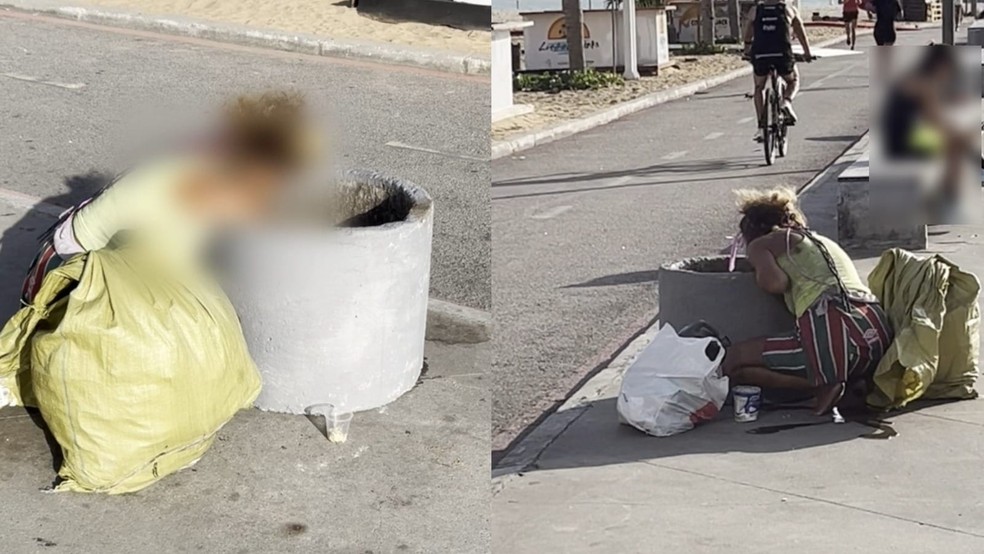 Mulher foi filmada comendo em lixeira na Beira-Mar de Fortaleza. — Foto: Reprodução