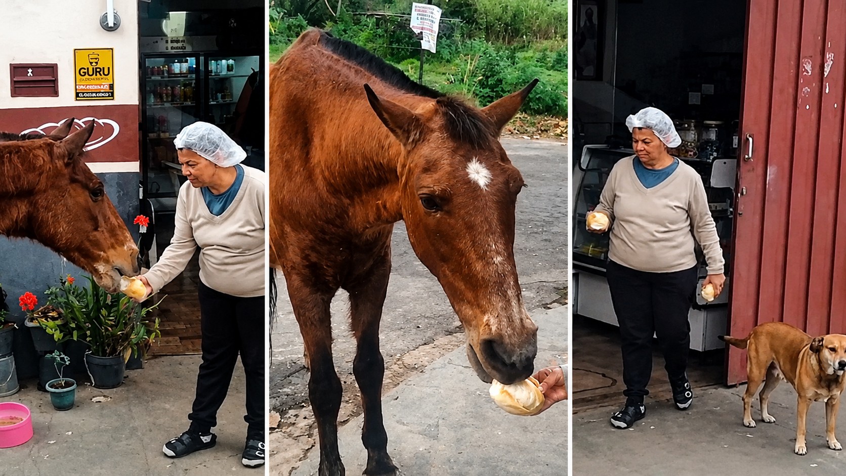 VÍDEO: cavalo e cachorra 'batem ponto' em padaria e ganham pão todos os dias no interior de SP