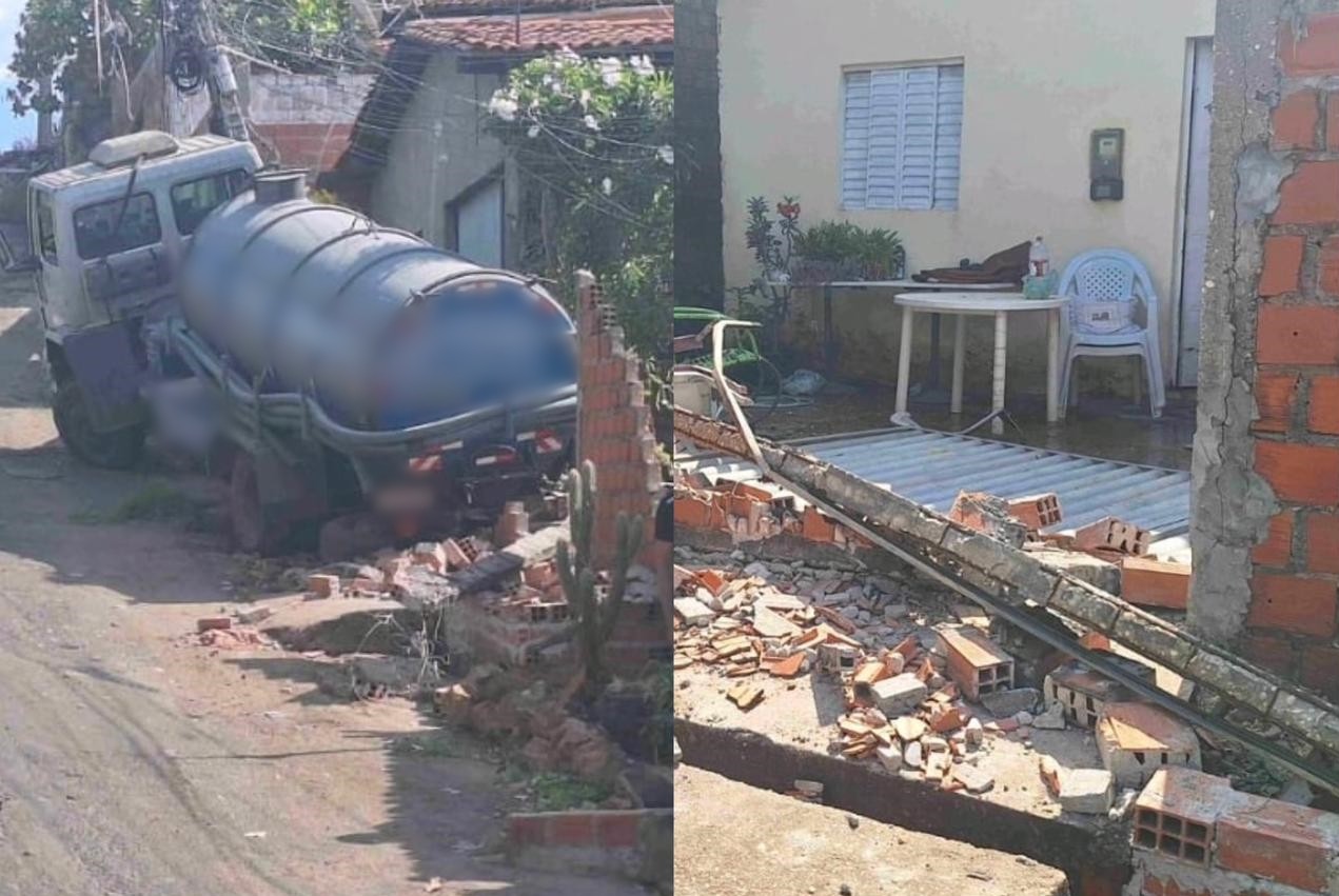 Vídeo: caminhão de desentupidora desce rua, se choca contra poste e derruba muros na Zona Leste de Teresina