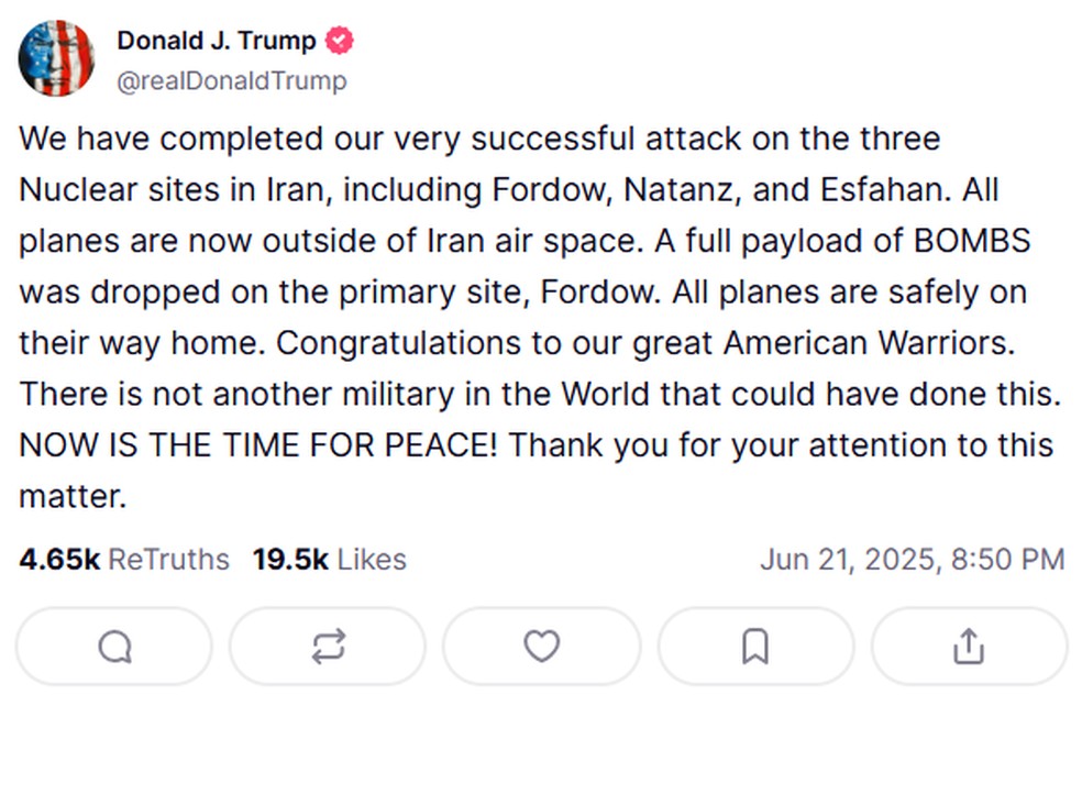 Trump diz que ataque destruiu instalações nucleares em Fordow — Foto: Truth/ Reprodução
