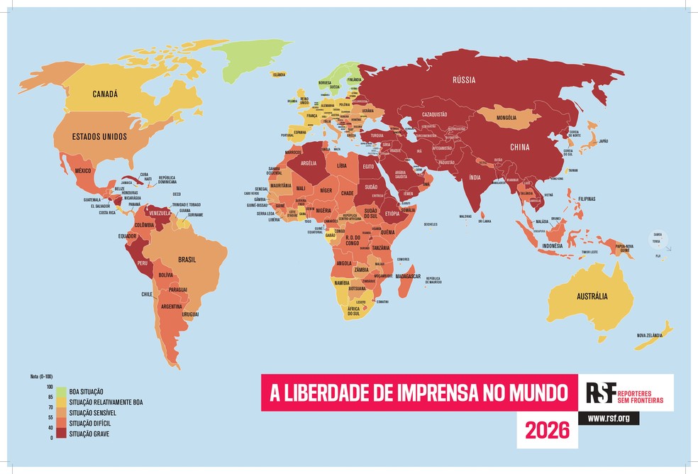 Mapa mostra situação da liberdade de imprensa no mundo — Foto: RSF
